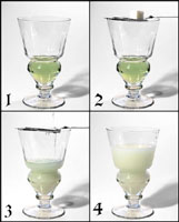 A sequence of four images showing the traditional way to prepare absinthe.